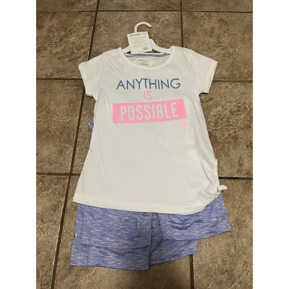 Marika Activewear Set Girls M 10/12 White Purple 3pc Graphic Tee Shorts Cami
